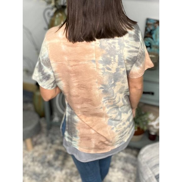 Tie Dye Hi Low Split Side Contrast Short Sleeve Round Neck Boho Peach Gray 3211 - Picture 11 of 12